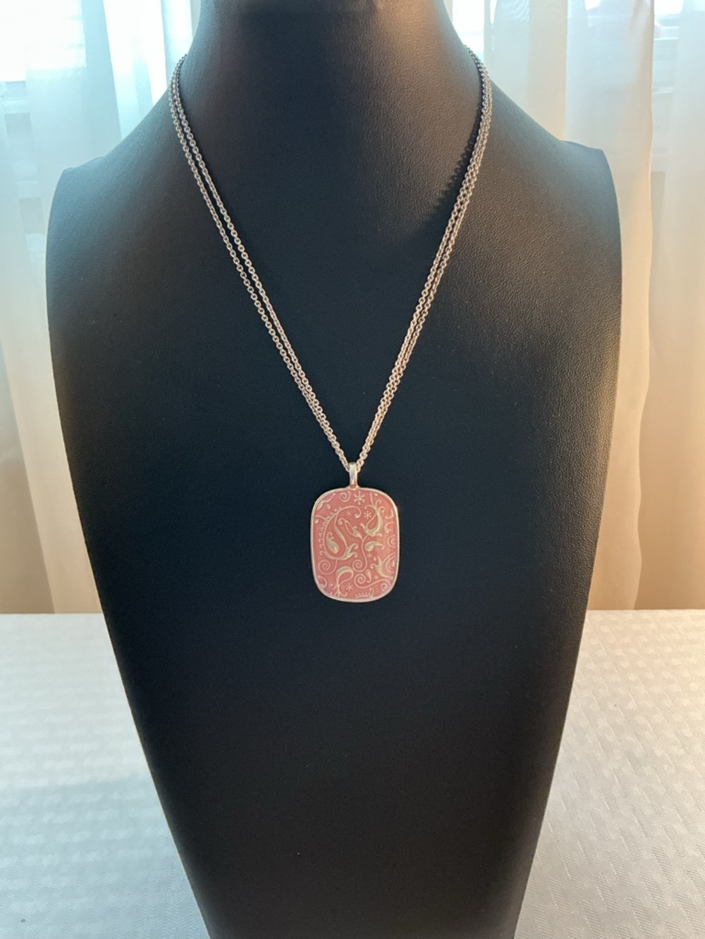 Dusty Rose and Forest Green Two Sides Silver and Gold Tone Pendant Necklace